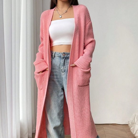 . Sweaters - Dusty Pink Casual Womens Dual Pocket Drop Shoulder Open Front Cardigan